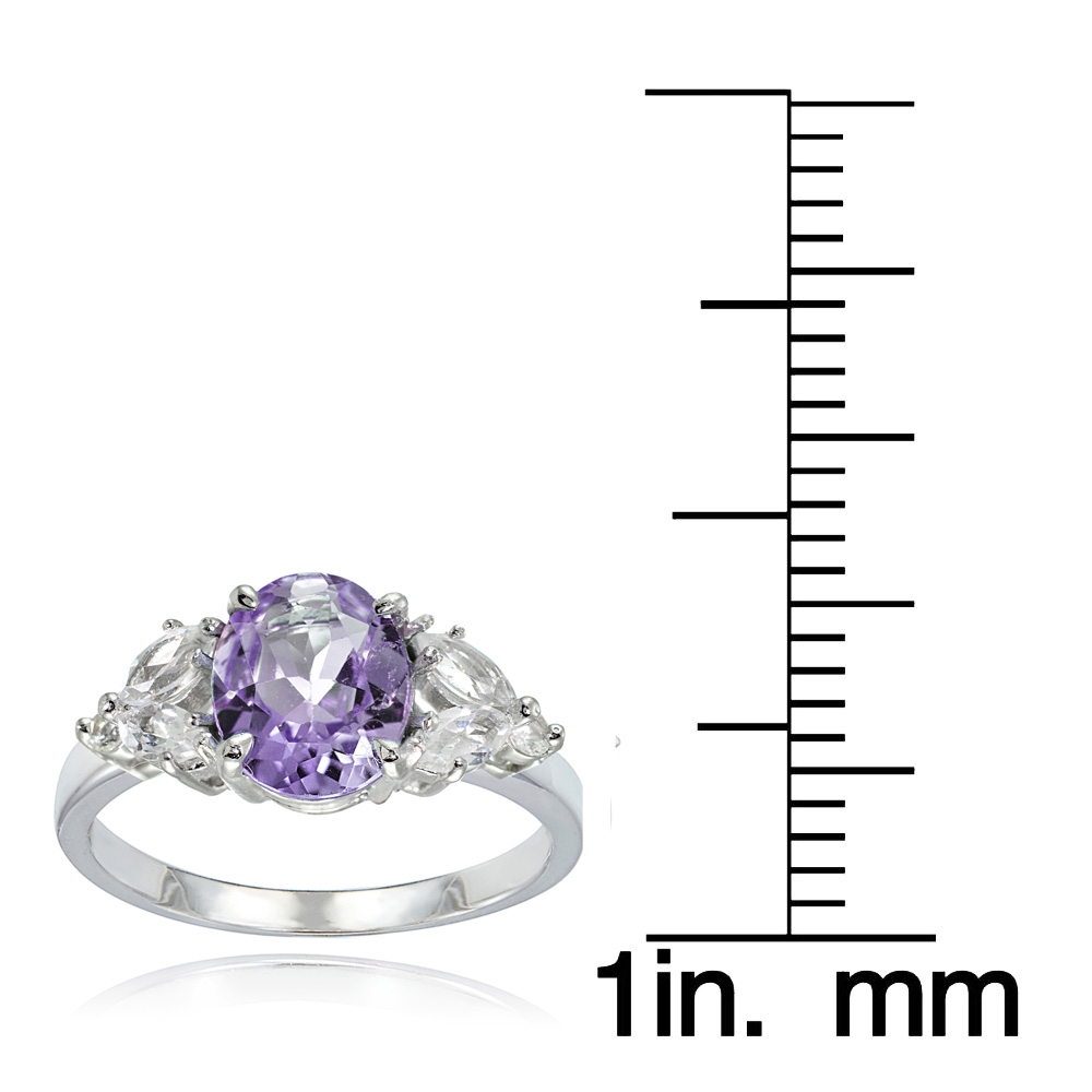 Sterling Silver Ring With Oval Amethyst & White Topaz Side Stones - February Birthstone Jewelry, Size 8 - View #4