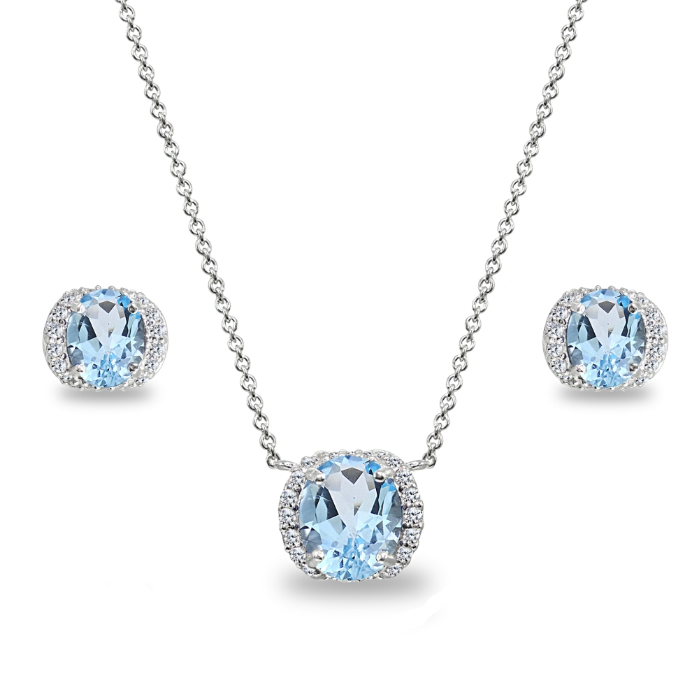 Oval-Cut Blue Topaz Sterling Silver Stud Earrings & Necklace